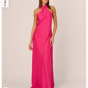 Adrianna Papell Pink Cocktail Gown with Halter Neckline and Sleeveless Design